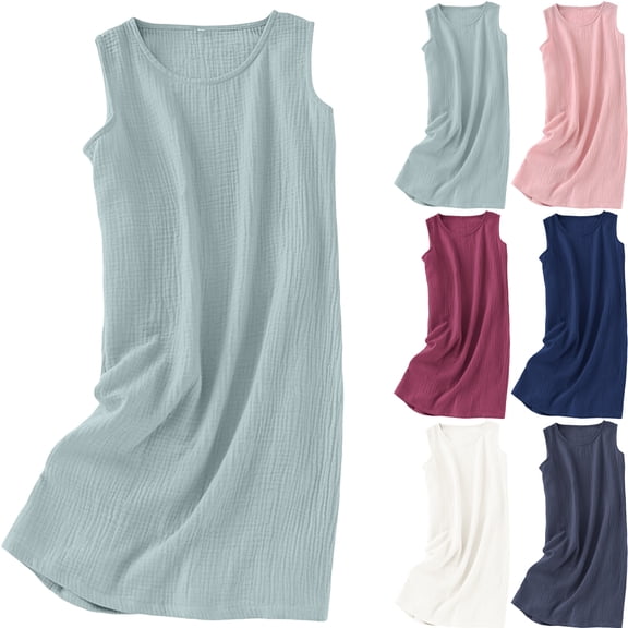 Summer Dress for Women Sleeveless Cotton Gauze Round Neck Loose Fit Casual Dress