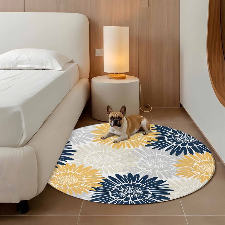 Navy Blue Gray Yellow Sunflowers 4ft Round Rug for Cozy Reading