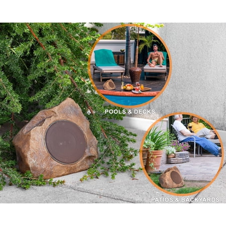 Homewell Outdoor Rock Speaker Solar-Powered Wireless Bluetooth 5.0 Portable Speaker Weatherproof for Patio, Pool, Deck, Yard, Garden and Home (2-Pack, Brown)