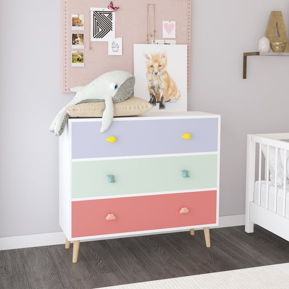 Noble House Godfrey 31.5" Kids 3-Drawer Dresser, Nursery Storage Cabinet, Anti-Tip Baby Nightstand, Multicolor