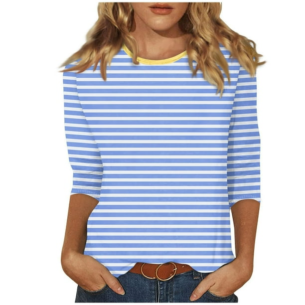 Camisetas de Manga Corta para las Mujeres a Rayas Impresas de Tres Cuartos de Manga, Cuello Redondo Casual Top