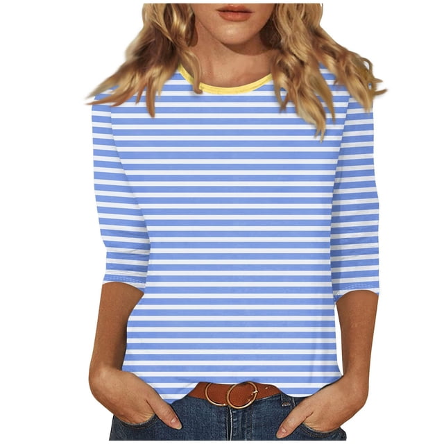 COM1950s Blouses pour Femmes, Mode Blouses Rayées Imprimées Manches Trois-Quarts T-Shirt Col Rond, Blouses pour Femmes Mode, Blouses pour Femmes Mode, Hauts pour Femmes