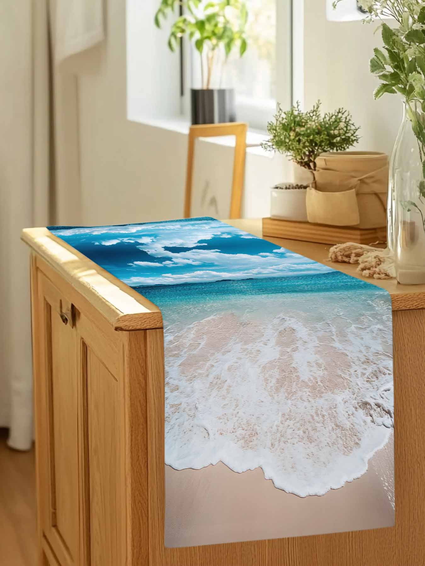 Turquoise Ocean Watercolor Beach Table Runner 90 Inches Long, Summer Seaside Blue Sky Table Runners Tabletop Scarf Kitchen Dining Tables Decoration for Home Party Indoor Outdoor