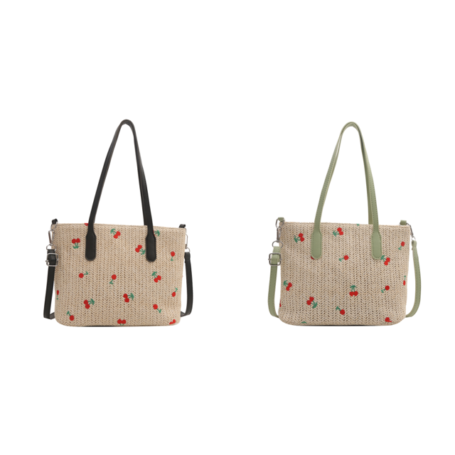 Bolso de mano cruzado casual tejido de paja de cereza para viajes al aire libre negro