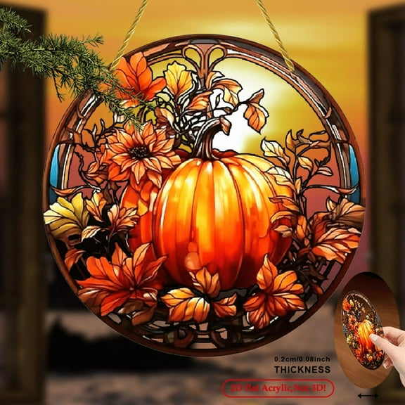 1pc 2D Flat Acrylic Pumpkin Suncatcher - Circular Window Hanging Decorative Art with Intricate Fall Leaves  Vines Design, Multi-Purpose Home Decor, Wreath Centerpiece,  8*8inch