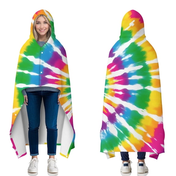 Wearable Blanket,Rainbow Tie Dye Mandala Pattern Hooded Wearable Flannel Blanket for Adults & Teens with Buckle,Winter Poncho Shawl Wrap Cape,50"x60"