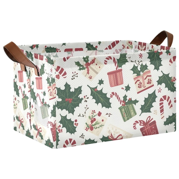 Yayeee Foldable Storage Basket for Shelves with Handles Waterproof Cloth Bins, White Christmas Holly