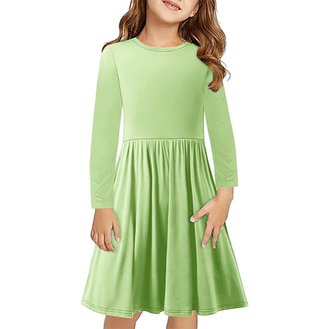 MeetoTime Girls Clothes 4-14 Years Solid Color Round Neck Long Sleeve A-Line Pleated Dresses for Girl