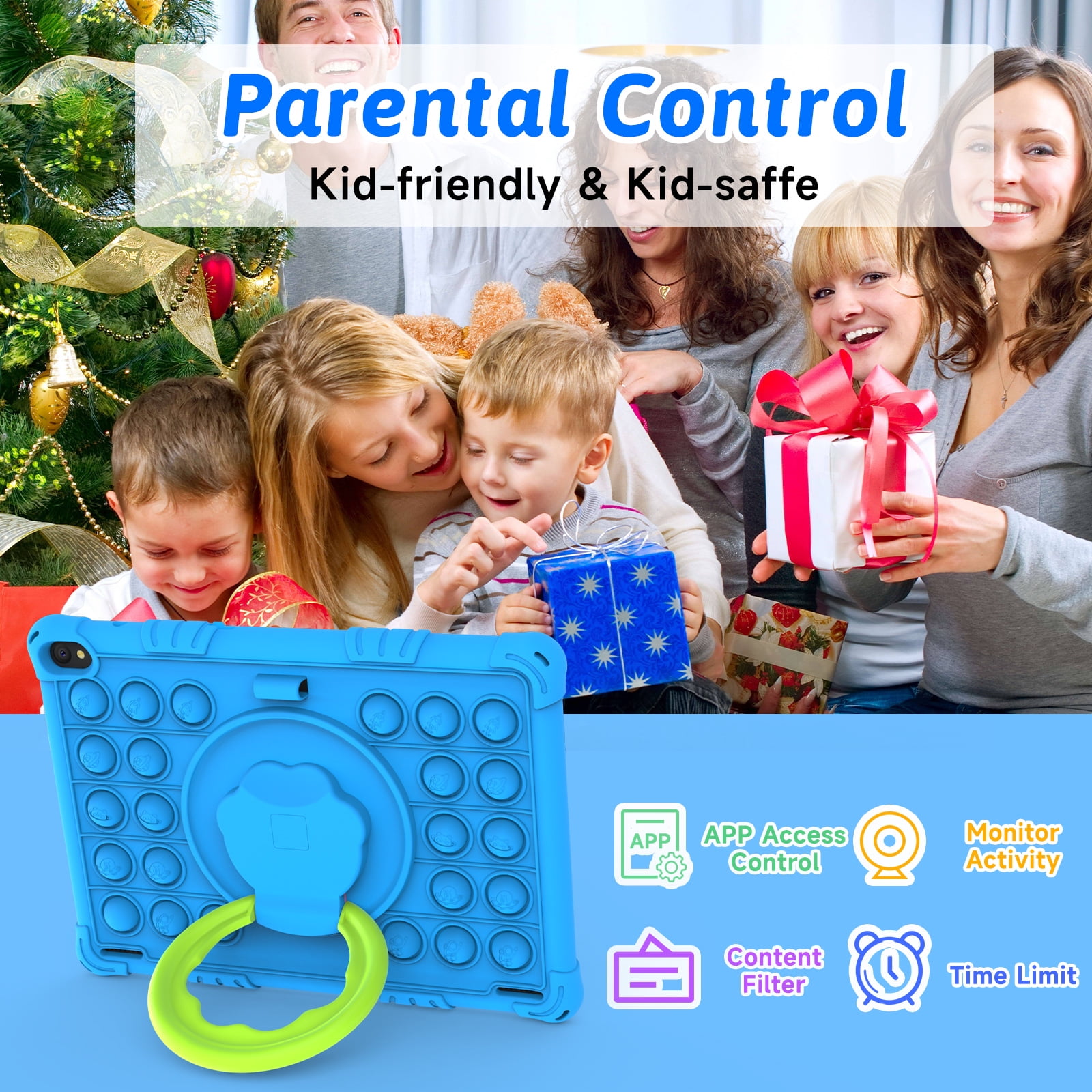 Android 15 Kids Tablet 10 inch Tablet for Kids, Toddler Tablets with Shockproof Case, 6GB RAM 32GB ROM 1TB Expand, Parental Controls, Kids Space, Child Learning, WiFi, 6000mAh, Dual Camera, Blue