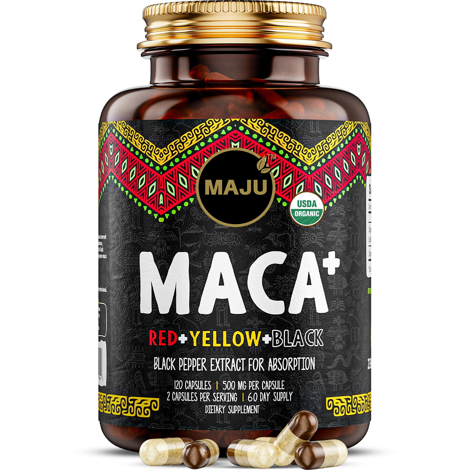 Maju Superfoods Maca Plus Capsules Organic Vegan 500mg with Black Pepper Extract 120 Count