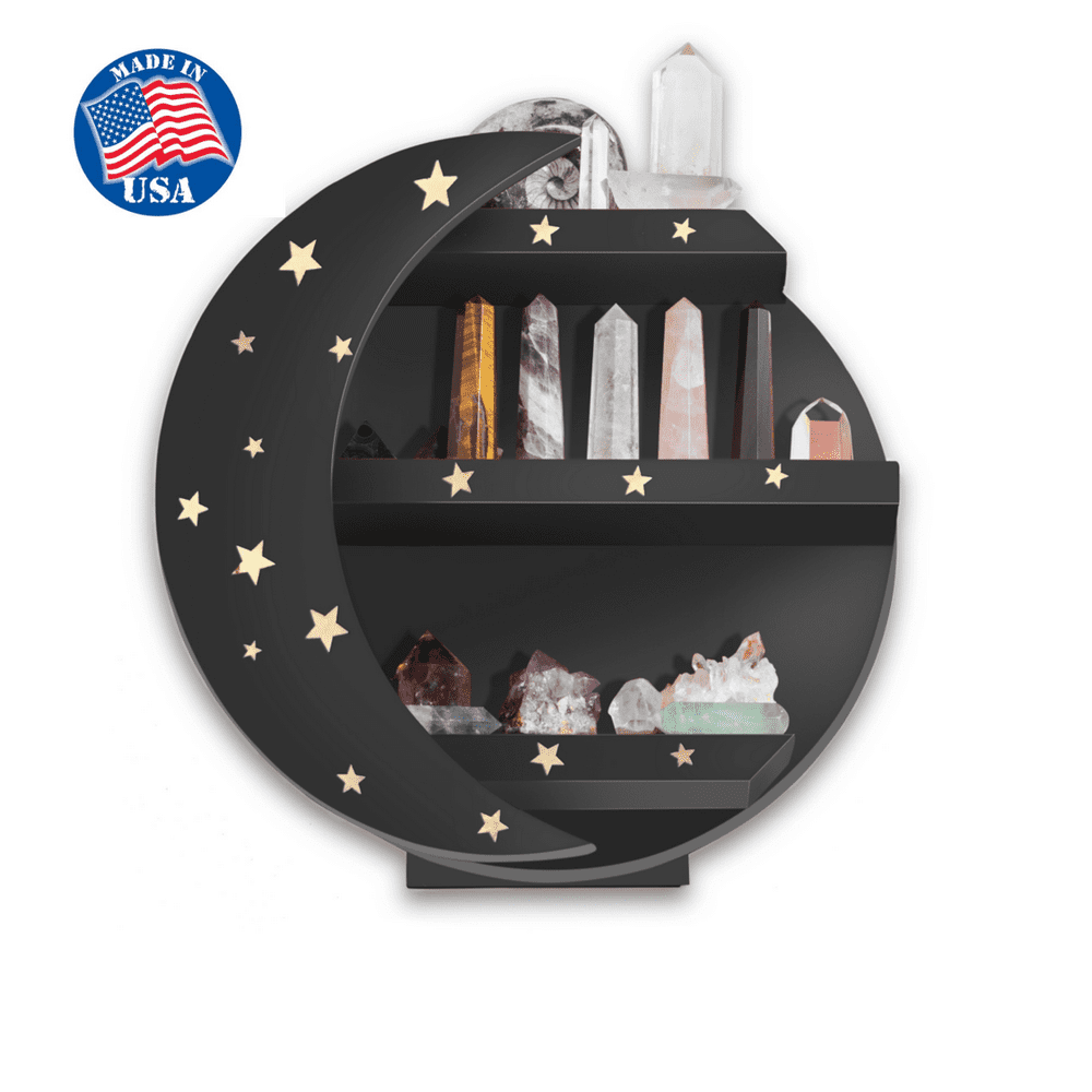 12'' Black Wooden Moon Shelf with Stars, Floating Shelf, Moon Shelf for Crystals, Moon Decor