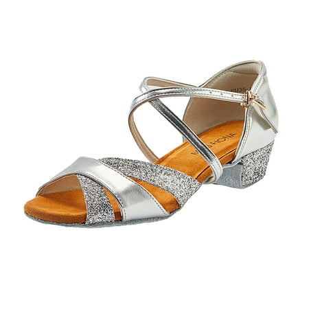 Missfiona Girls Latin Dancing Shoes Glitter Ballroom Salsa Low Heels Performance Shoes(4.5 Silver)