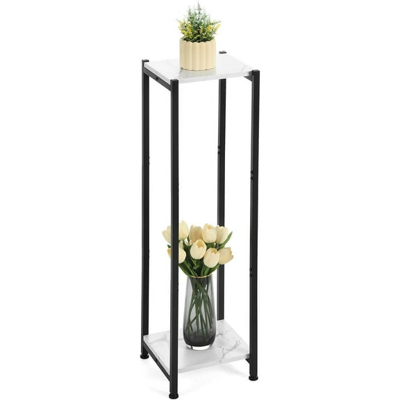 Extra Tall Plant Stand Indoor,40 Inch Plant Stands,2 Tier Metal Plant Stand with Heavy Duty Wood,Marble White and Black