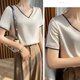 thumbnail image 2 of Blusa informal holgada de manga corta con cuello en V y seda satinada para mujer, color champán, talla M, 2 of 8
