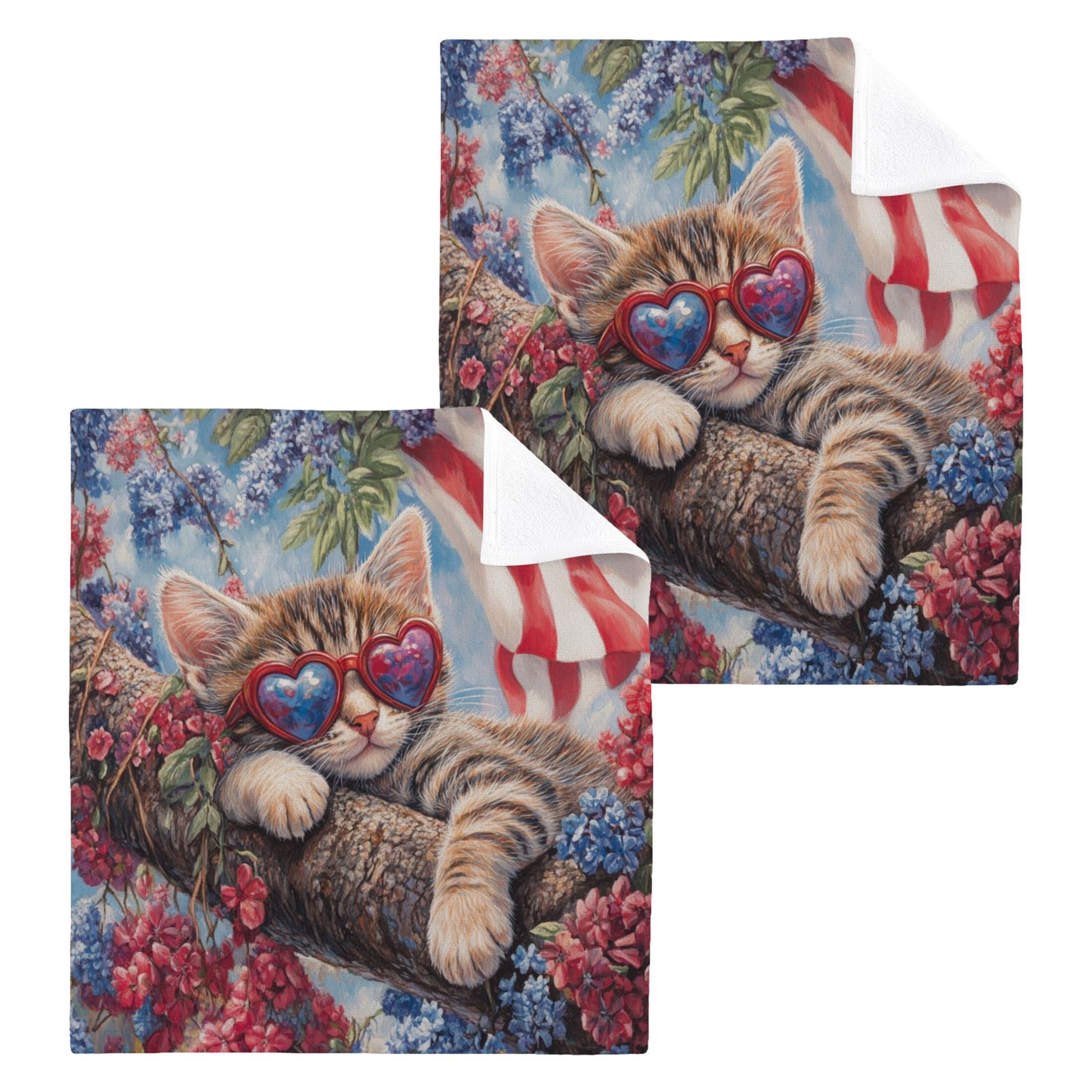 4th Of July Cat 100% Cotton Face Towel 12x12in Soft Absorbent Washcloth Durable Printed Hand Towels for Bathroom Travel 6 Pcs