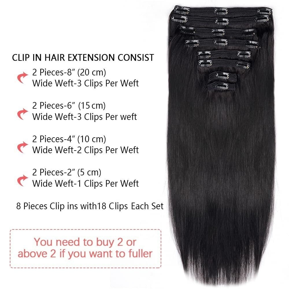 Straight Human Hair Clip in Hair Extensions Brazilian Remy Human Hair Extension for Women 8pcs Per Set with 18 Clips Double Weft Clip in Extensions