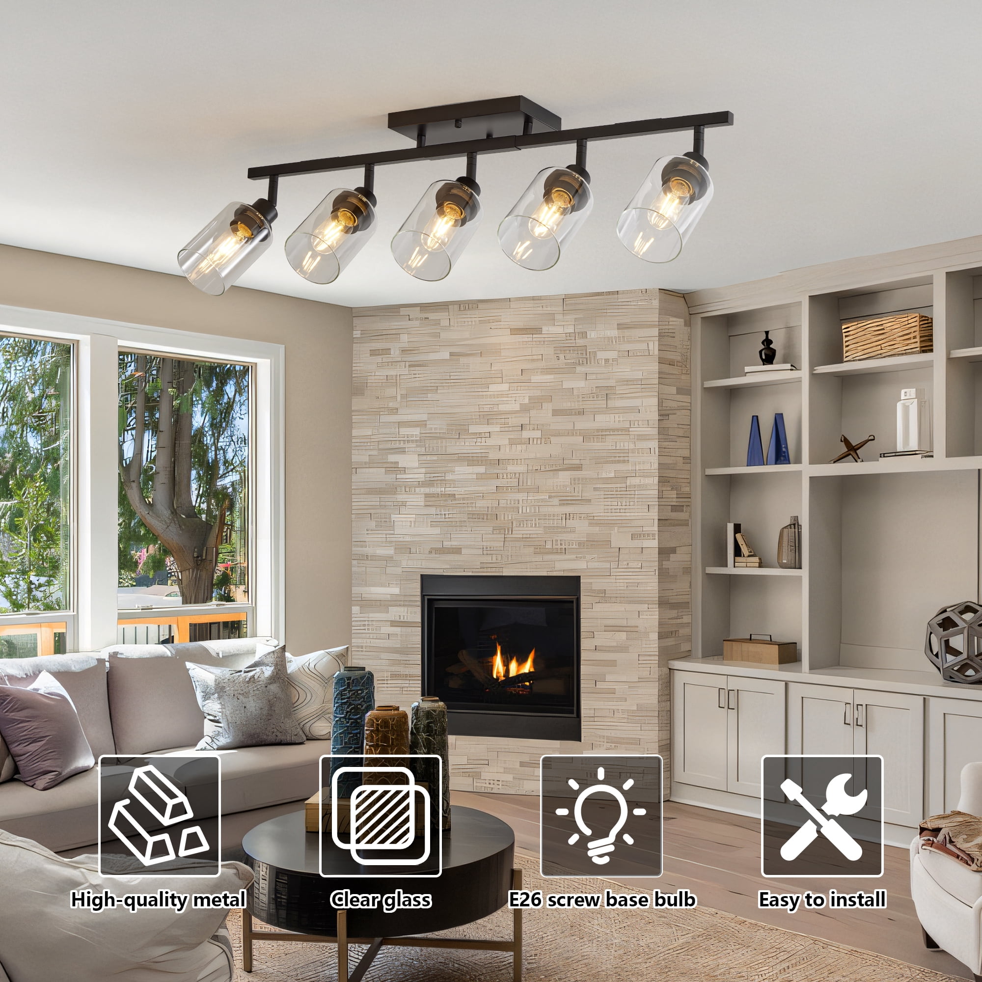 Jopath 5-Light Semi Flush Mount Ceiling Light, Adjustable Chandelier with Clear Glass Shades, Rotatable Black Track Lighting Fixtures for Hallway Foyer Bedroom(Bulb Not Included)