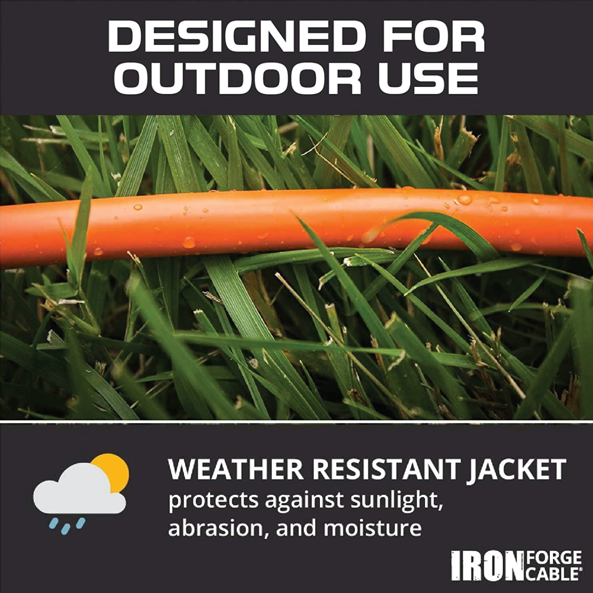 Iron Forge Cable Weatherproof 200 Ft Outdoor Extension Cord - 16/3 SJTW 10 Amp Heavy Duty Highly Visible Orange Extension Cord 3 Prong - Lighted End