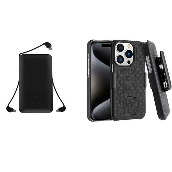 Case Belt Clip & 10000mAh Power Bank for iPhone 15 Pro - Holster Swivel Cover Kickstand and Charger Backup Battery Portable USB Port A7Z for iPhone 15 Pro (6.1")