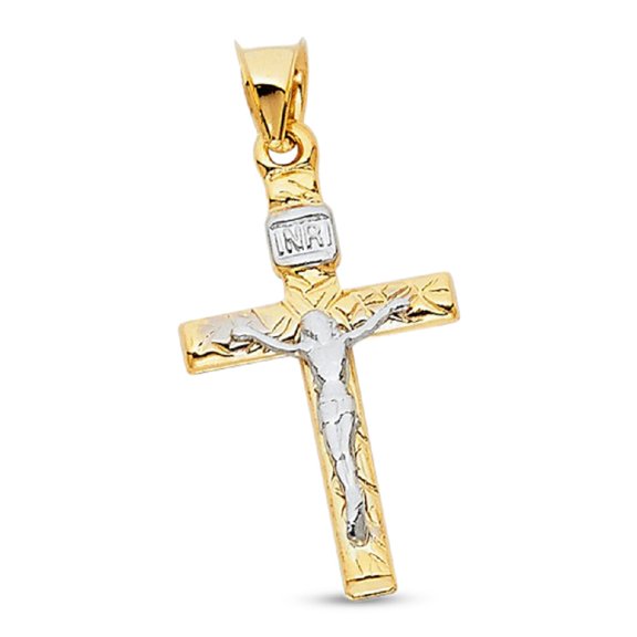 Jesus Crucifix Pendant 14k Yellow White Gold Two Tone INRI Cross Charm Religious 23mm x 15mm