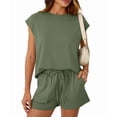 thumbnail image 2 of Womens Crew Neck Two Piece Short Sets Cap Sleeve Drawstring Summer Sweatsuit with Pocket Green L, 2 of 8
