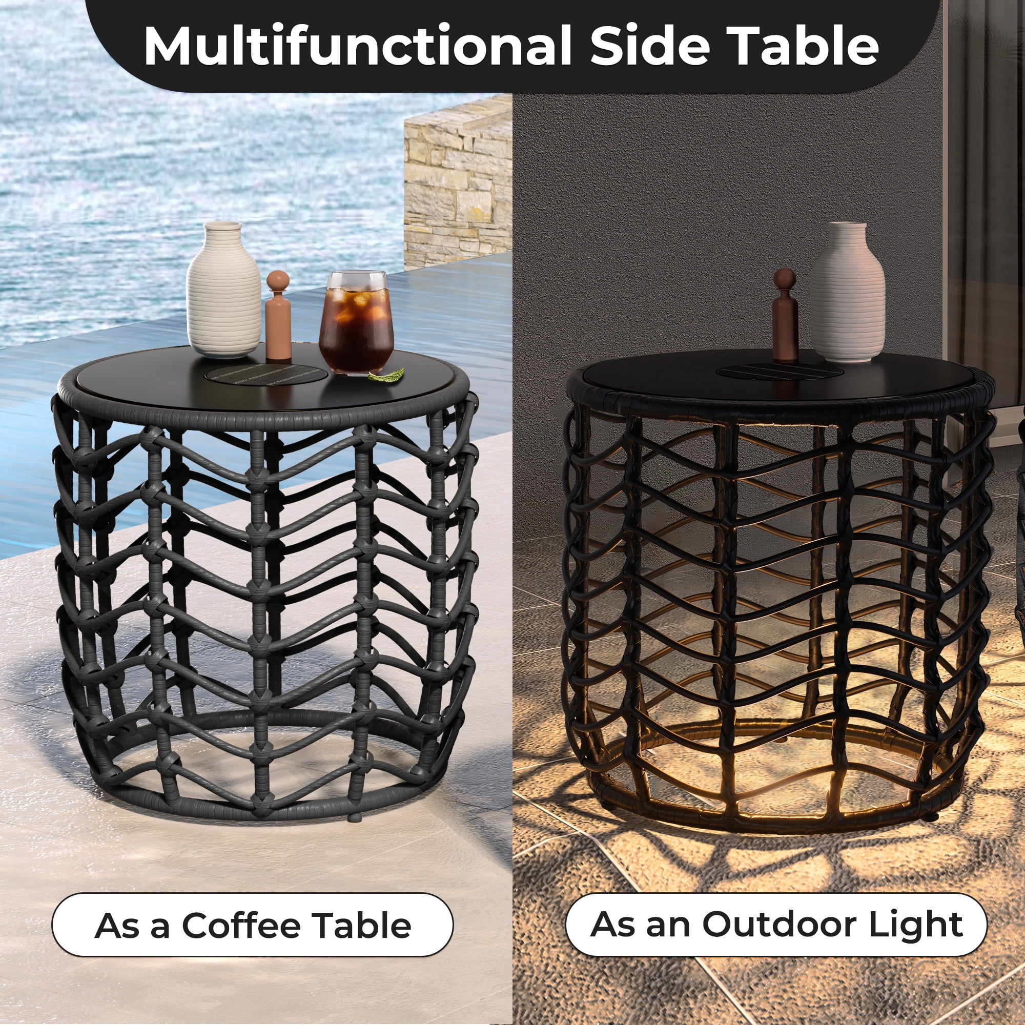 EVERITE Outdoor Side Table Modern Boho Style with Built-in Solar Lights Wave Wicker End Tables Set of 2,Black