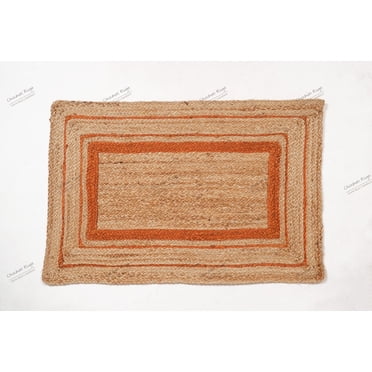 Rectangle Rug Natural Jute Rug Hand Braided Beige and Orange Color Scalloped Area Rug