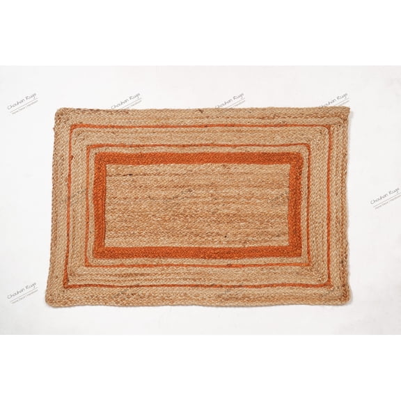 Rectangle Rug Natural Jute Rug Hand Braided Beige and Orange Color Scalloped Area Rug