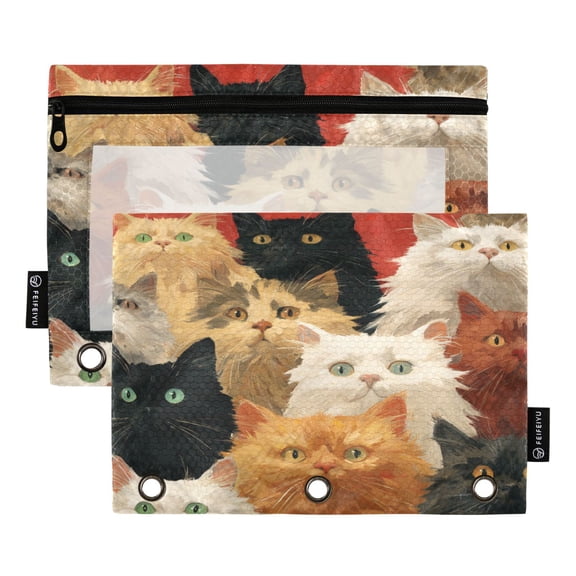 2 Pack 3 Ring Binder Pouch with Clear PVC Window Water Resistant Zipper Pencil Pouch A Group Of Oil-painted Cats Binder Pocket for Classroom Office Home Stationery Organization