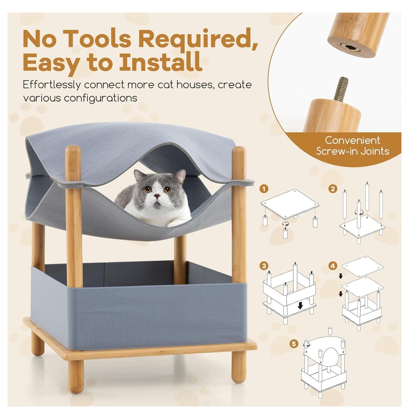 Elevated Cat Bed for Indoor Cats, 2-Tier Cat Cave with Felt Hammock, Bamboo Frame, Storage Shelf - Small Condo for Kittens & Adult Cats
