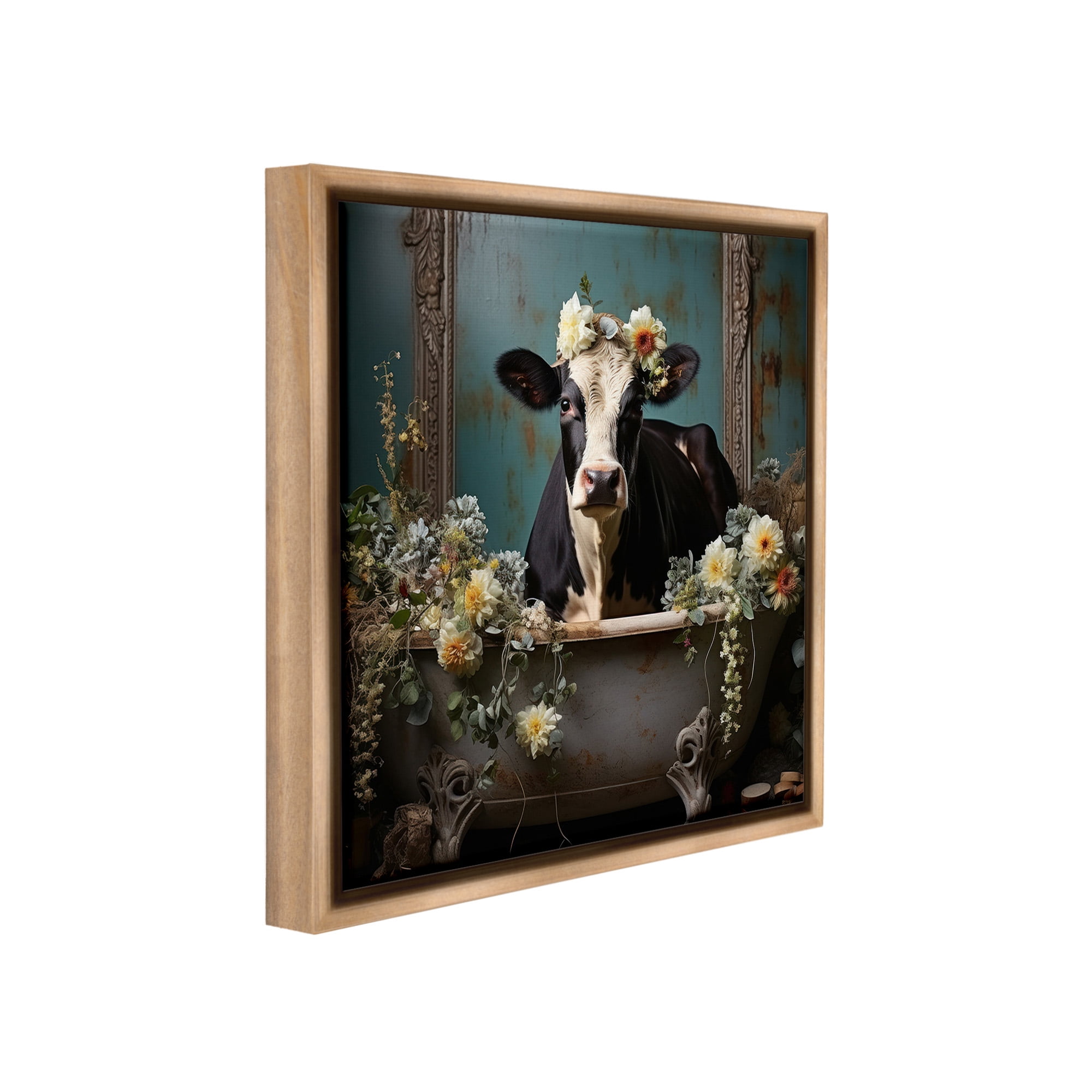 Stupell Industries Vintage Cow in Bathtub Animals & Insects Painting Brown Floater Framed Canvas Art Print Wall Art, 25 x 25