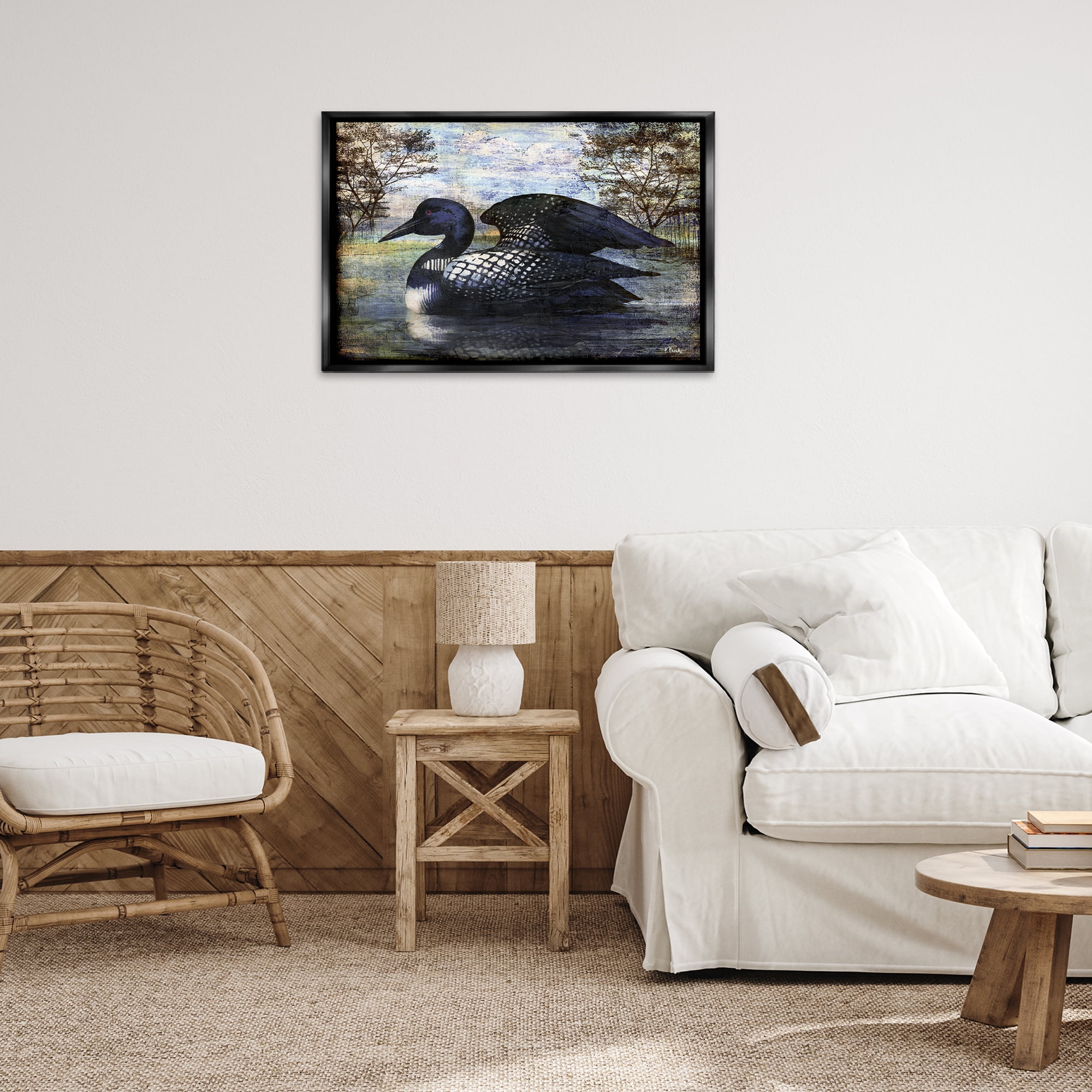 Stupell Industries Loon in Rustic Pond Animals Painting Black Floater Framed Canvas Art Print Wall Art, 31 x 21