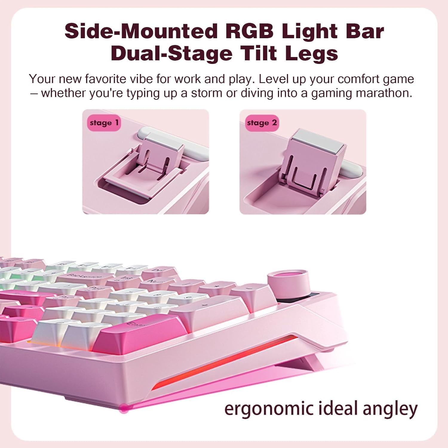 HP K500F Wireless Keyboard – Tri-Mode Bluetooth 5.0 / 2.4GHz / USB-C, RGB Backlit, Pink Gaming Keyboard with Volume Knob, Rechargeable for Windows PC