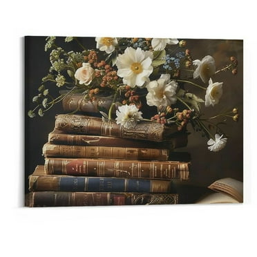 BCIIG  Vintage Floral Wall Art Moody Books Still Life Pictures Rustic Antique Art Oil Painting Prints Dark Academia Decor for Room Aesthetic Bedroom Wall Decor 20"x16" Unframed 20x16in