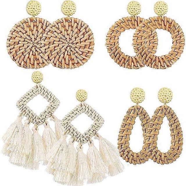 AIDSOTOU - Pendientes de ratán para mujer, ligeros, geométricos, con diseño llamativo, hechos a mano, de paja trenzada de mimbre, con forma de lágrima, 4 pares