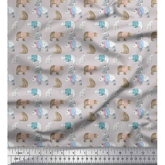 Soimoi Gray polyester Crepe Fabric Bear Animal Fabric Prints By Yard 52 Inch Wide