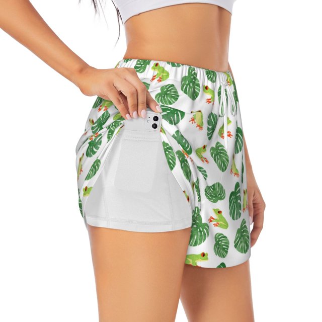 Balery Frogs And Tropical Leaves Pantalones cortos deportivos para mujer con forro y dos bolsillos, elásticos, para entrenamiento, gimnasio, yoga-X-Large