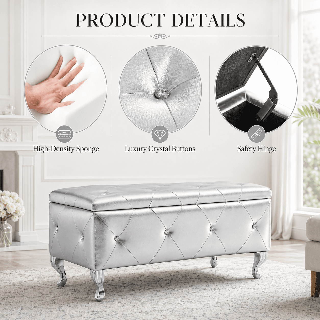 Aukfa 38" Upholstered Storage Ottoman Bench with Hidden Storage, Crystal Tufted Faux Leather Bed Bench, 380 lb, Silver