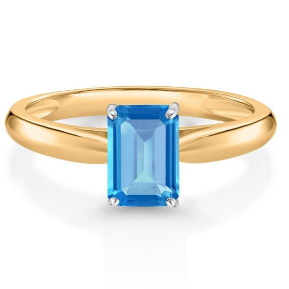 Gem Stone King 0.97 Ct Emerald Cut Swiss Blue Topaz 10K Yellow and White Gold Solitaire Engagement Ring (Size 7)