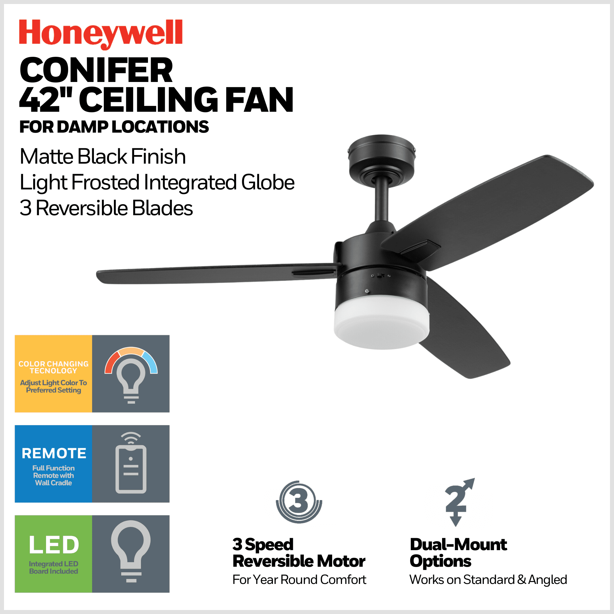 Honeywell Conifer 42" Black Modern Outdoor Ceiling Fan with Light and Remote Control, Reversible Motor