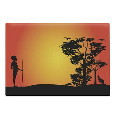 Aboriginal Cutting Board, Hunting Man with Kangaroo Mouse and Tree Silhouettes, Decorative Tempered Glass Cutting and Serving Board, in 3 Sizes, by Ambesonne