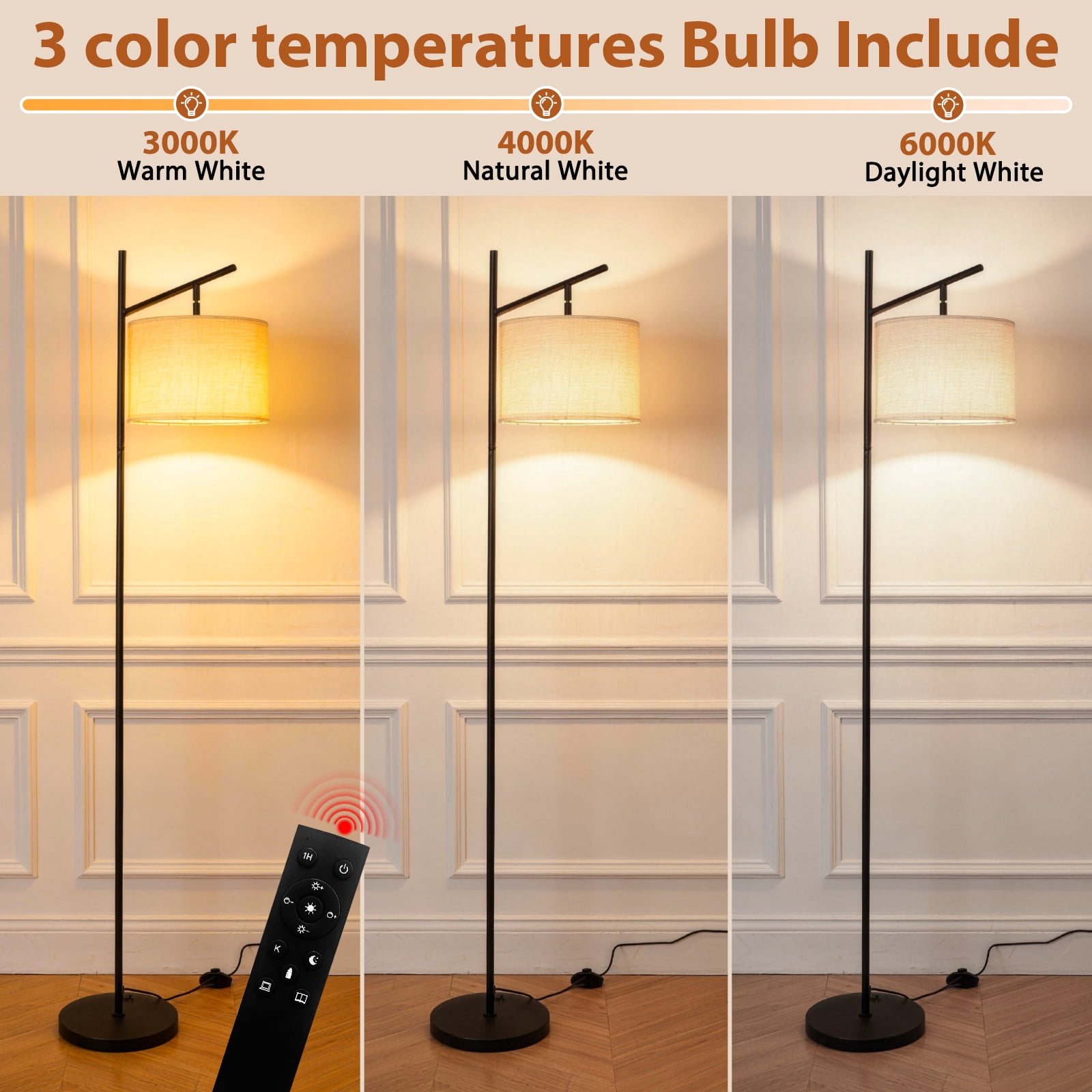 64" Floor Lamps for Living Room with Remote Control 3 Color Temperature Dimmable Standing Lamp Tall Pole Lamps for Bedroom, Office,Gold,Bulb Included