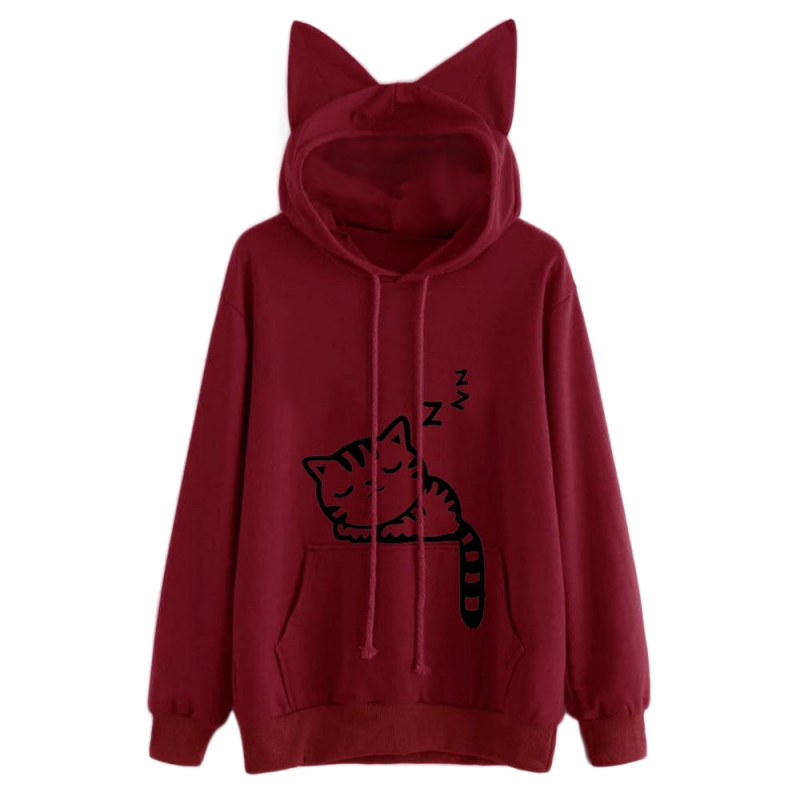 Women's casual jacket, autumn cute cat print with hat sweater jacket casual jacket - image 2 of 3