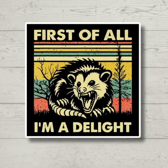 First of All I'm a Delight, Funny Possum Sticker for Laptop, Water Bottle, Kindle, Sarcastic, Cute Animal Stickers, Funny Vinyl Decal (3x3inches)