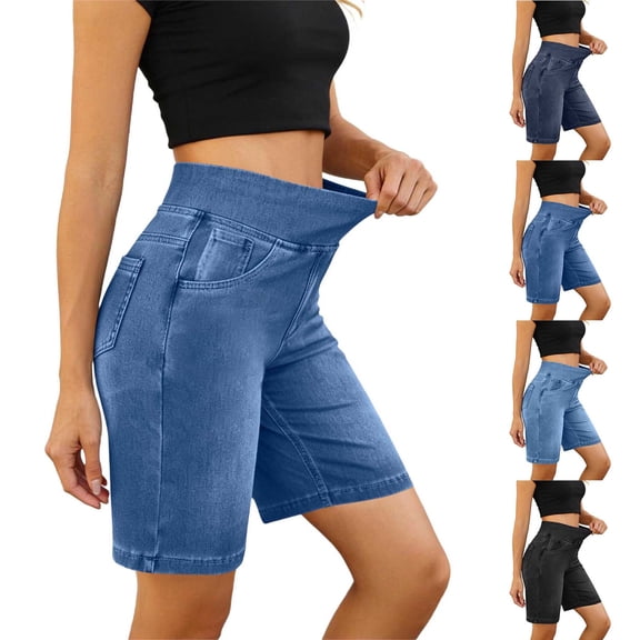 FchengtaiS Stretchy Jean Shorts Womens Bermuda Denim Shorts High Waisted Pull On Jorts with Pockets Summer Casual Jeans Shorts