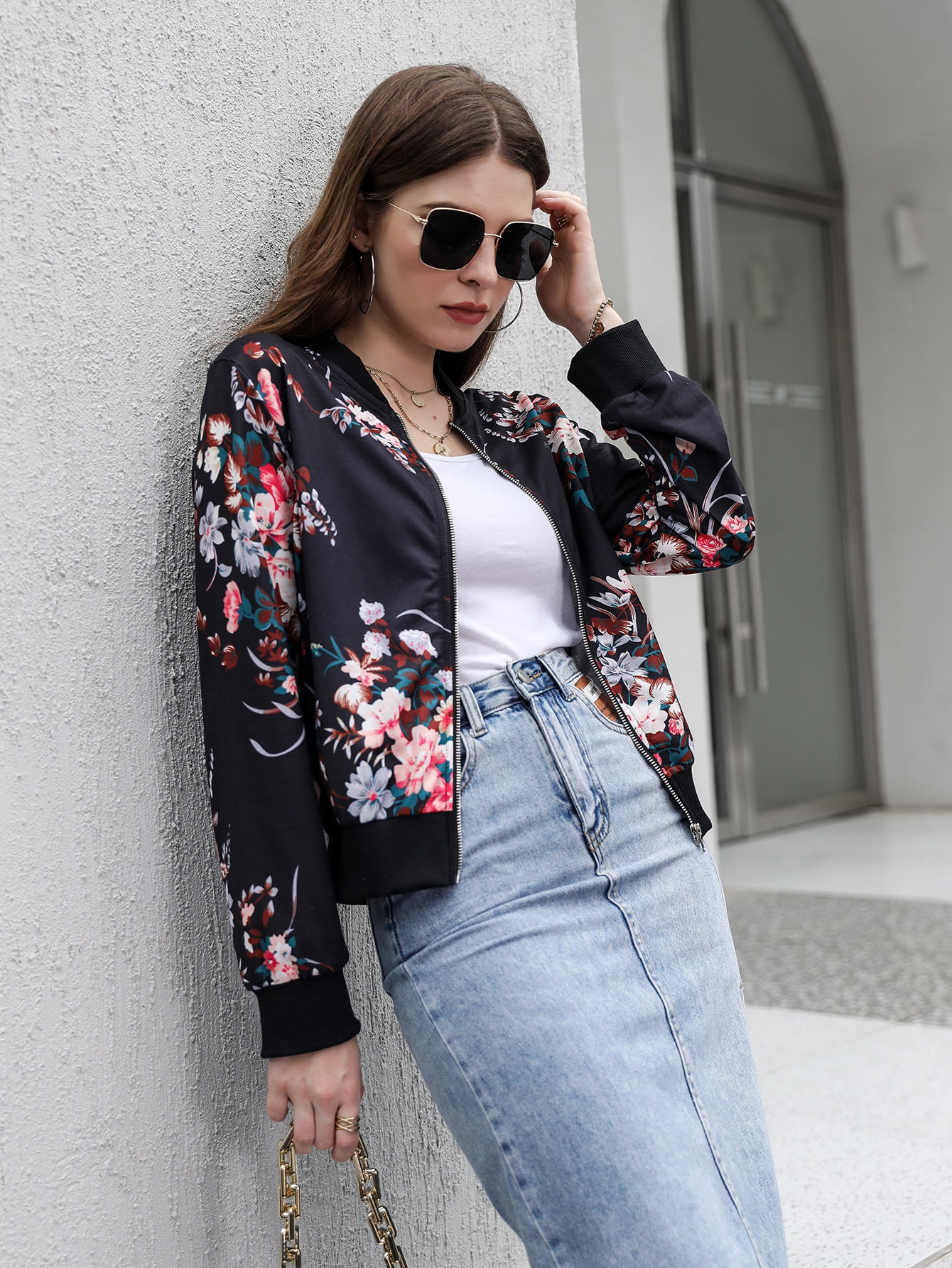 Womens Bomber Zipped Black Floral Multi Spring Flower Print Jacket Blazer S M L 