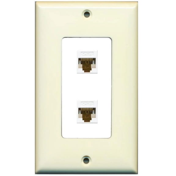 RiteAV Decorative 1 Gang 2 Port Cat6 Wall Plate - Light Almond/White - Bracket Included