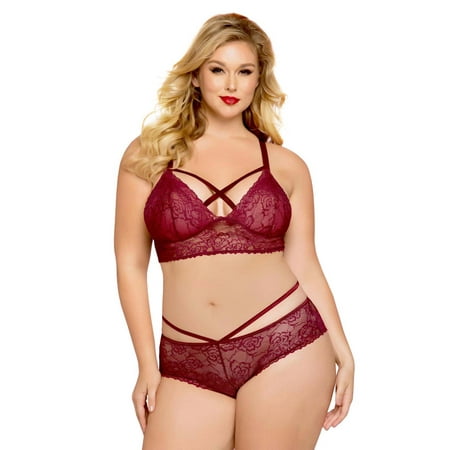 Womens Plus Size Lace Bralette Set- Rose Lace Bra Top and Lattice Back Panty Lingerie