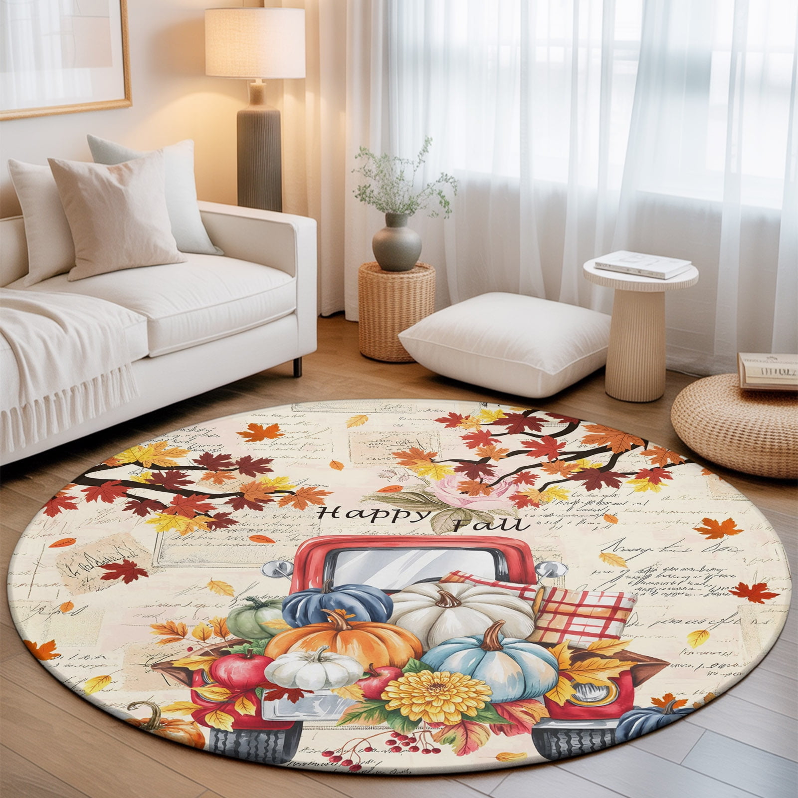 Round Area Rug - 4ft Thanksgiving Pumpkin Fall Maple Leaf Non Slip Washable Circle Carpet Soft Large Floor Rugs for Living Room Bedroom Nursery Office