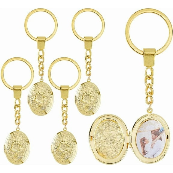 5Pcs Locket Keychains Brass Memory Photo Locket Keychain Oval Flower Locket Keychains